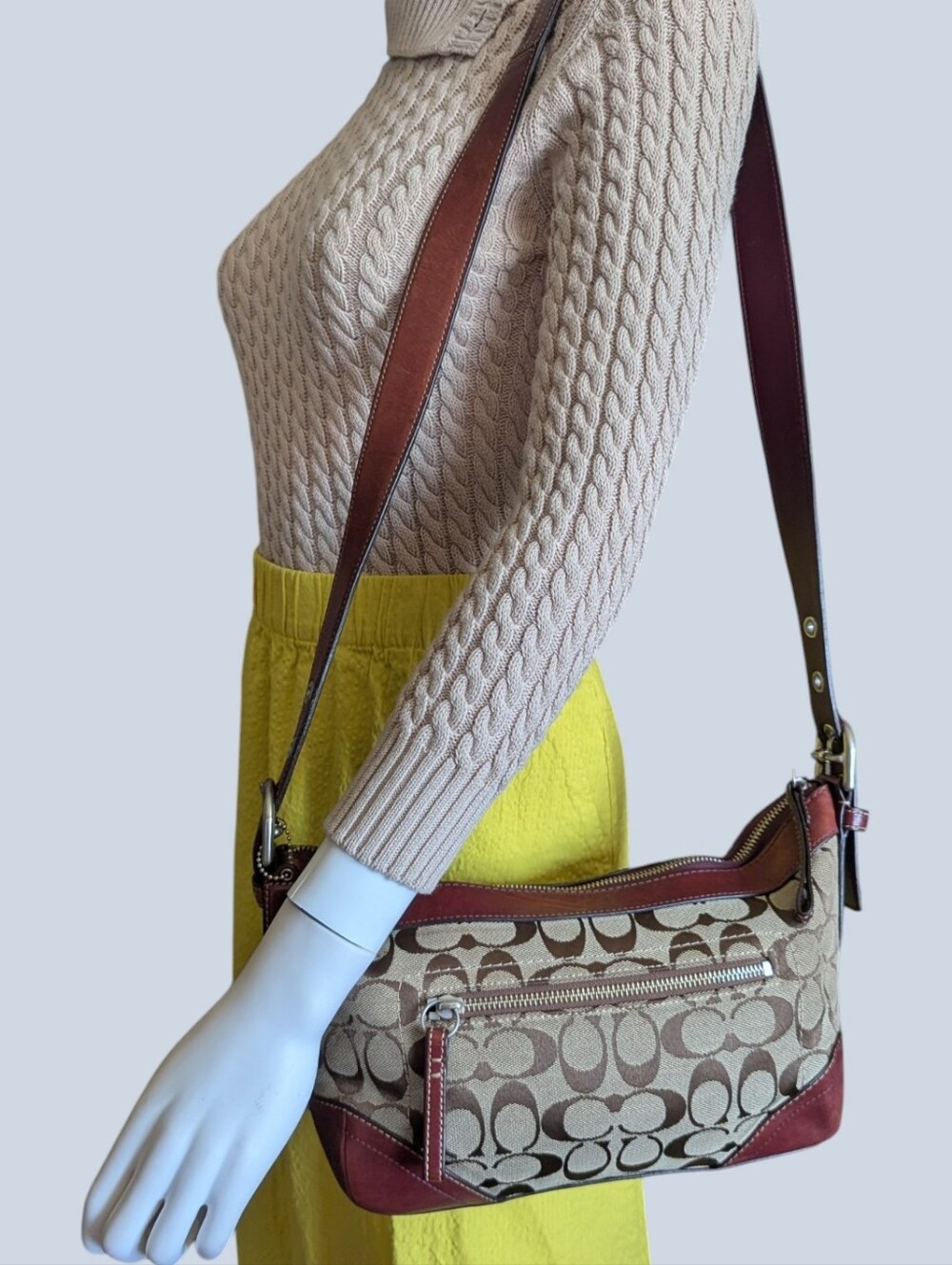 Y2K Coach Signature Monogram Canvas East West Hobo Handbag